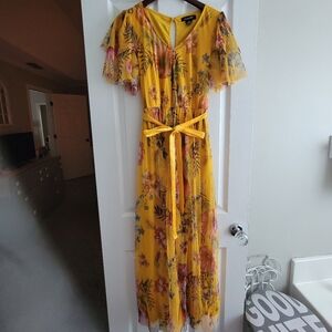 Mustard Foral Tulle Maxi Dress